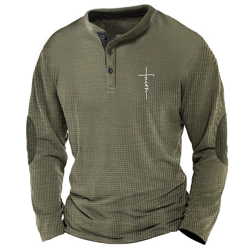 Per uomo Grafico Croce Fede Maglia Henley Maglietta a nido d'ape Manica Lunga Stampa 3D Designer Semplice Retrò Vintage Sport all'Aperto Ferie Festival Primavera & Autunno Blu Marrone Verde militare del 2026 a $24.99 –P1