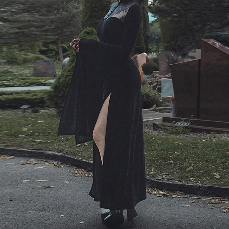 Robe Gothique Femme Morticia Addams – Corset, Dentelle, Velours – Costume Renaissance & Halloween