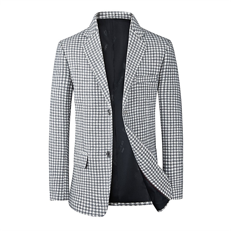 Men's Cocktail Attire Blazer Business Formal Evening Wedding Party Fashion Casual Spring &  Fall Polyester Plaid / Check Geometic Button Pocket Casual / Daily Single Breasted Blazer White Camel Beige 2025 - $66.99 –P11