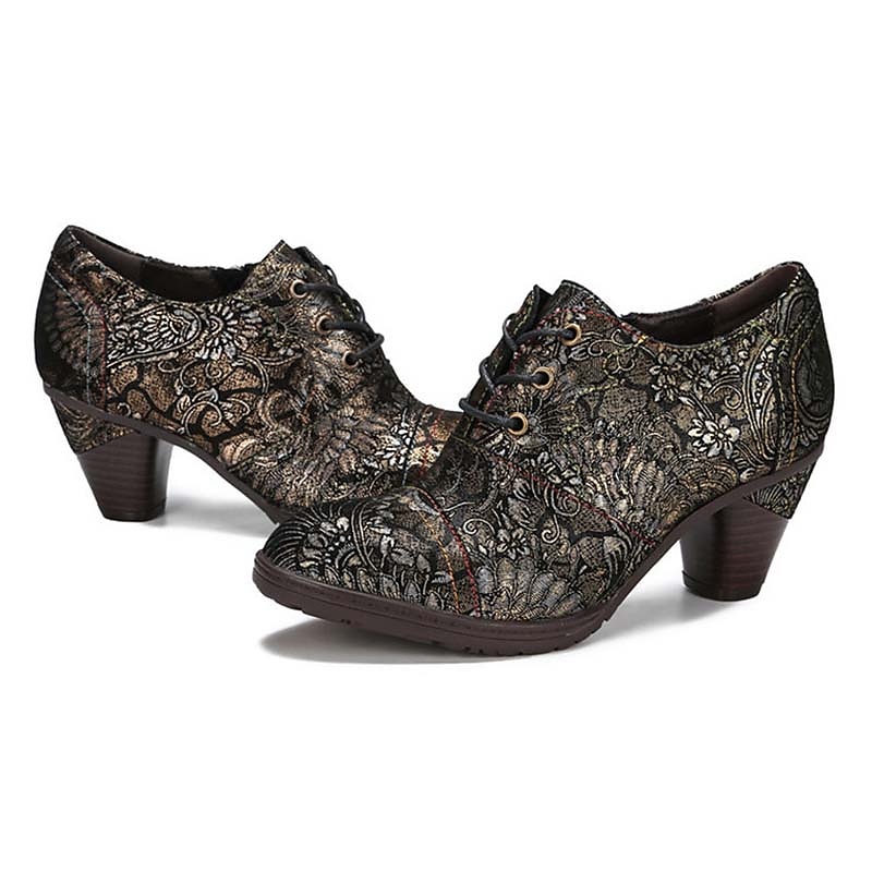 Edward-korabeli ihletésű vintage jacquard fűzős bőr bokacsizma vastag sarokkal, retró virágmintás rövid csizma nőknek 2025 - $109.99 –P12
