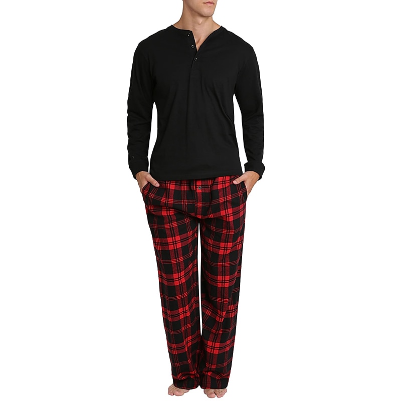 Per uomo loungewear Pigiami Set pigiama Top e pantalone del pigiama 2 pezzi A quadri Moda Informale Comoda Interni Giornaliero Misto cotone Comfort Henley Manica lunga maglietta Pantalone A del 2025 a $34.99 –P7