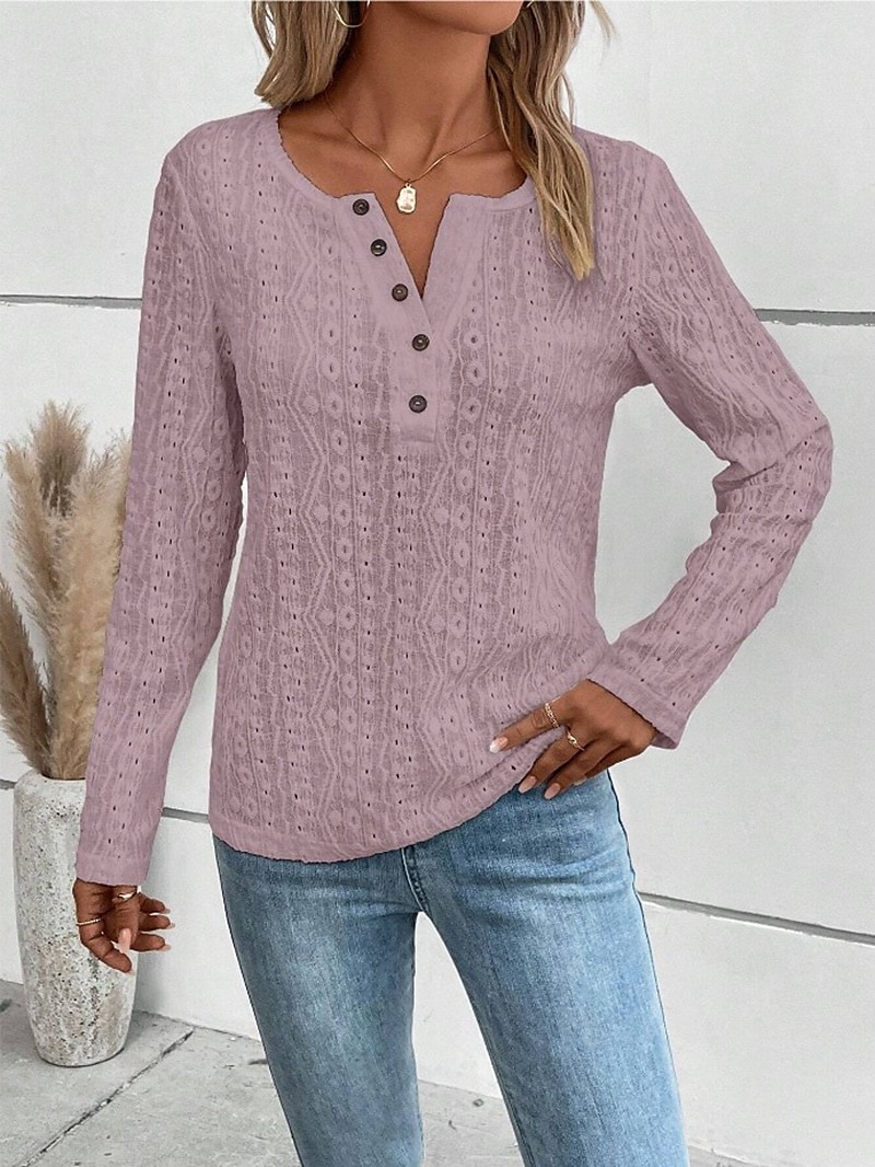 Women's Shirt Lace Shirt Blouse Eyelet top Color Block Plain Fashion Long Sleeve Round Neck Regular Tops Work Buttons Black White Purple Brown Beige Spring & Fall 2025 - $27.99 –P1