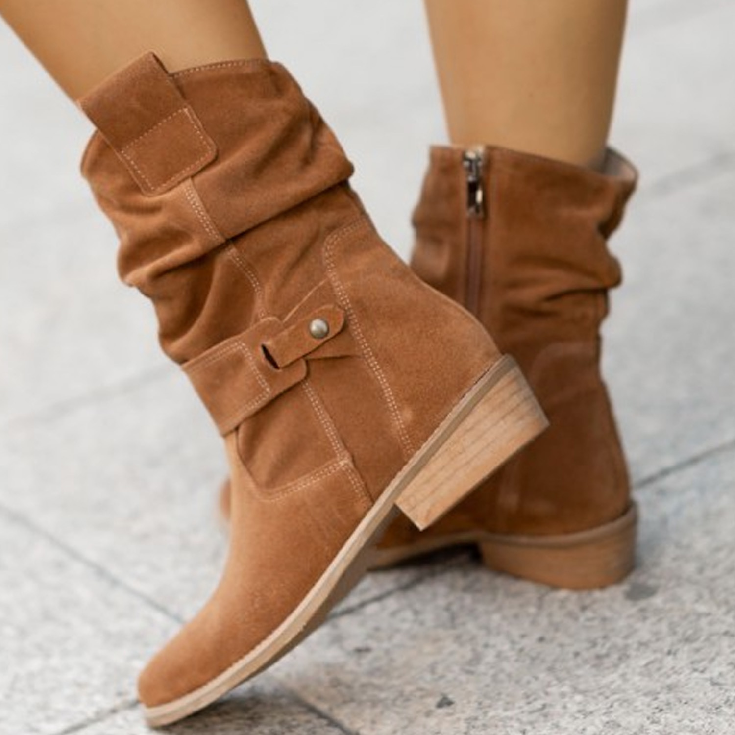 Women's Casual Beige Faux Suede Slouchy Ankle Boots with Buckle Detail - Perfect for Everyday Wear, Autumn Outings, and Casual Gatherings 2025 - $54.99 –P1