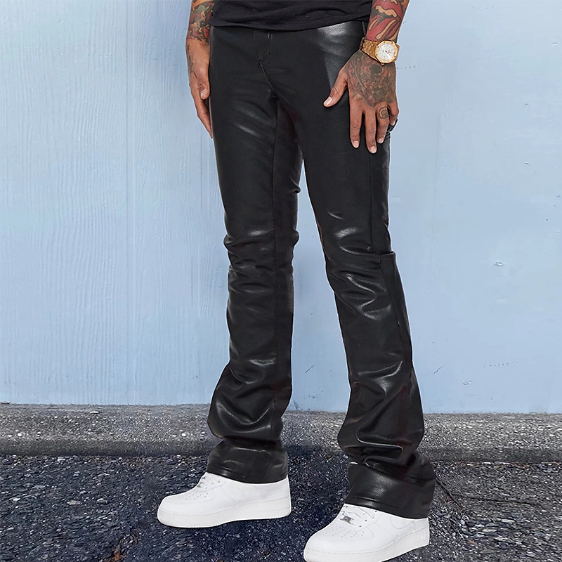 Men's Trousers Faux Leather Pants Casual Pants Pocket Plain Comfort Breathable Outdoor Daily Going out Fashion Casual Black Red 2025 - $32.99 –P2