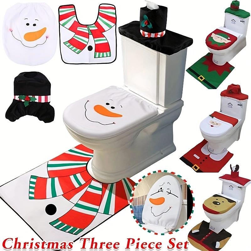 3 pièces/ensemble de décoration de salle de bain sur le thème du Père Noël, comprend une housse de siège de toilette, des tapis, une housse de boîte à eau et une housse de boîte de papier toilette, décoration de Noël. de 2025 ? $15.49 –P5
