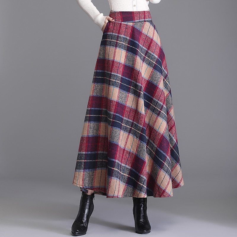dames a-lijn geruite rok midi-rokken zak lange geruite kleurblok dagelijks datum herfst&winter twilled satijn elegant lang rood blauw groen 2025 - $32.99 –P2