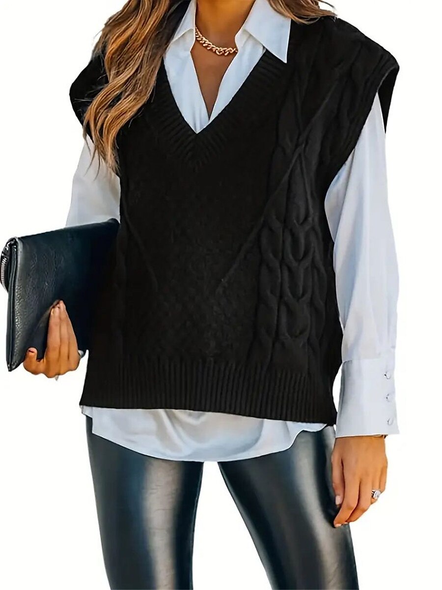 Women's Sweater Vest V Neck Cable Knit Acrylic Oversized Fall Winter Regular Daily Going out Weekend Stylish Casual Soft Sleeveless Solid Color Black Yellow Beige S M L 2023 - US $26.99 –P5