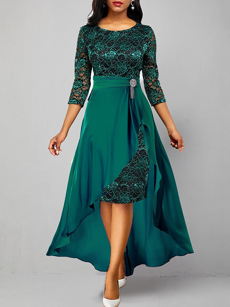 Women's 2 Pieces Lace Dress Maxi Party Dress Green Lace 3/4 Length Sleeve Lace Spring Fall Winter V Neck Wedding Guest Evening Party Vacation 2023 - AED 209 –P2