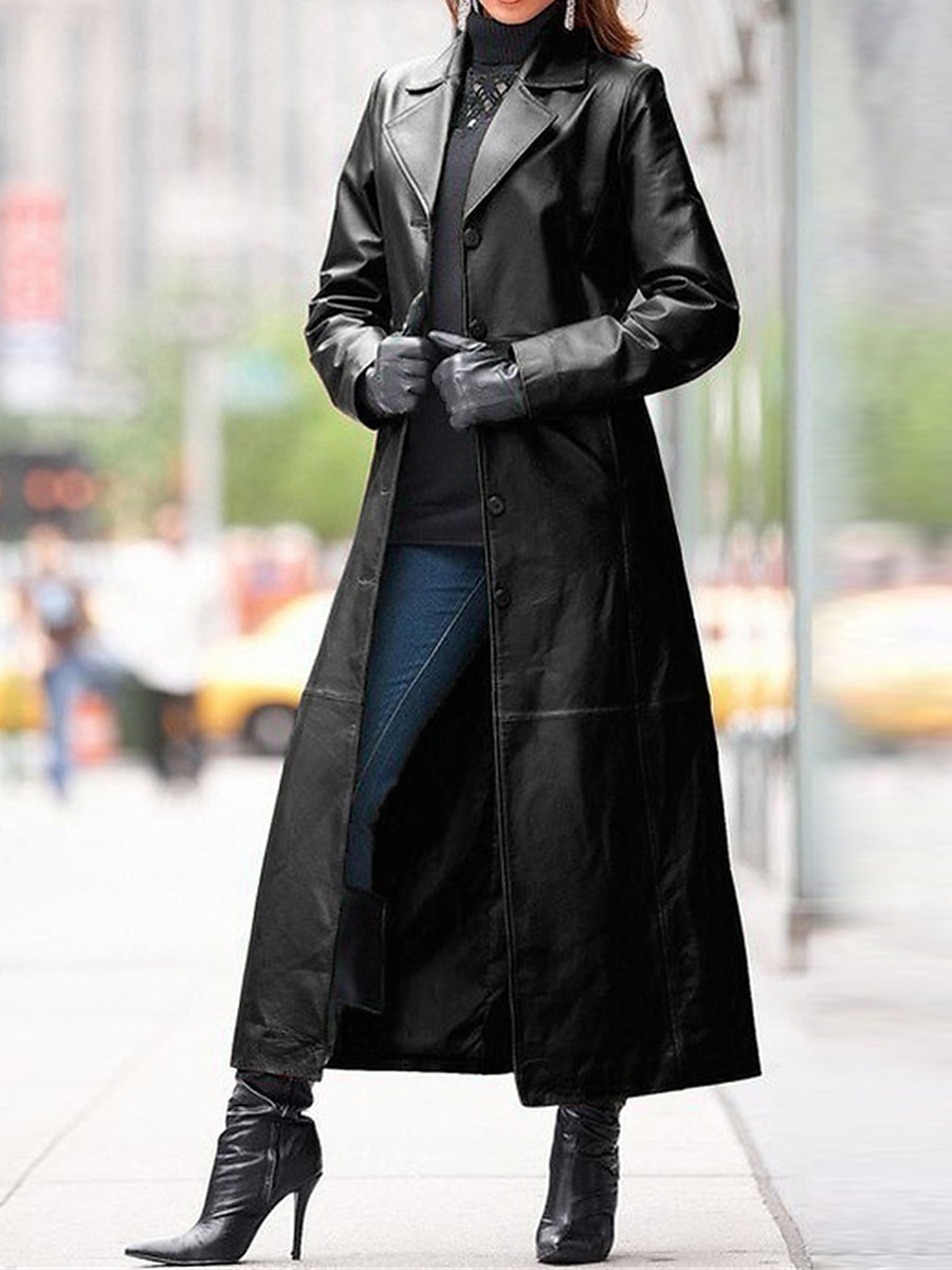 Women's Leather Trench Coat Single Breasted Lapel Overcoat Winter Coat Windproof Warm Waterproof Long Coat Fall Streetwear Outerwear Long Sleeve Black 2024 - $66.99 –P1