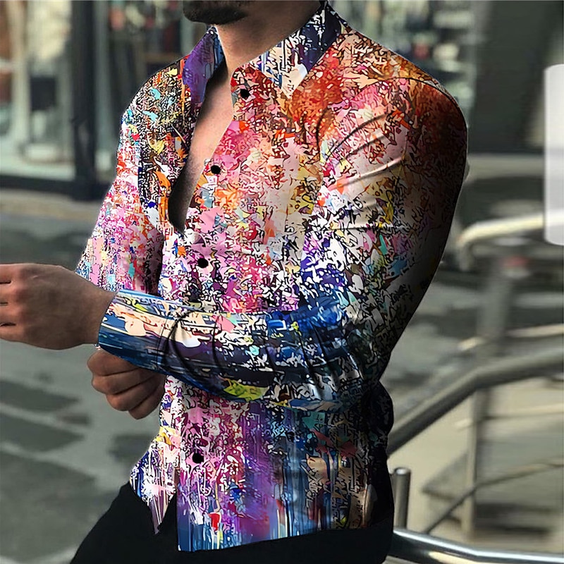 Per uomo Graffiti Camicia Camicia con bottoni Manica lunga Informale Esterno Strada Casual / quotidiano Autunno inverno Collo ripiegabile Bottoni Stampa Rosso Blu del 2025 a $26.99 –P2