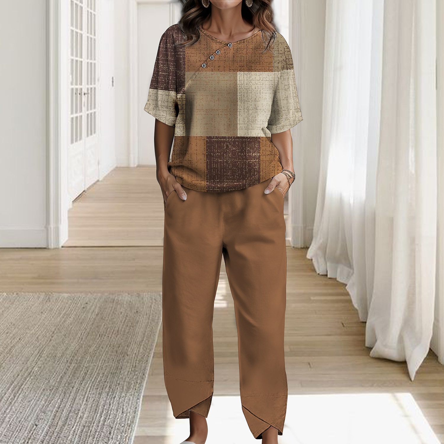 Ensemble Femme 2 Pièces Chemise Basic Pantalons Pantalons Manches Courtes Col Rond Imprimé à Carreaux Décontracté Quotidien Bleu Brun Vert Printemps Automne Ajustement Régulier de 2025 ? $44.99 –P1