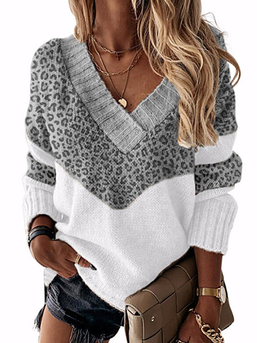 Femme Pull mode Décontractées Flexible Léopard Bloc de couleur A côtes Col V Patchwork manche longue Hauts réguliers Tricoter du quotidien Sortie Fin de semaine Rose Claire Bleu Automne Hiver de 2025 ? $46.99 –P5