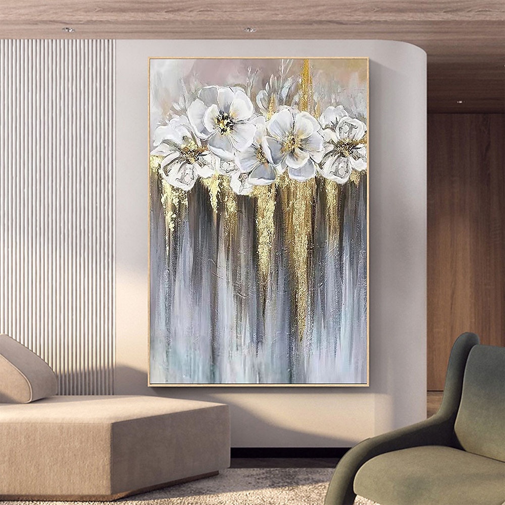 Handgefertigtes handgemaltes Ölgemälde an der Wand, abstraktes Ölgemälde mit weißen blühenden Blumen auf Leinwand, originales goldenes Blumen-Acrylgemälde, modernes großes Wandkunst-Dekor, gerollte 2025 - $77.99 –P4
