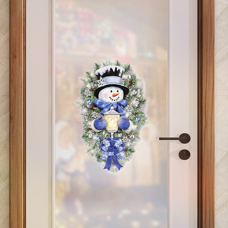 Pegatinas de pared de invierno con forma de muñeco de nieve y corona de bienvenida cálida, pegatinas navideñas para puertas, paredes y ventanas, decoración del hogar 2025 - $5.49 –P2