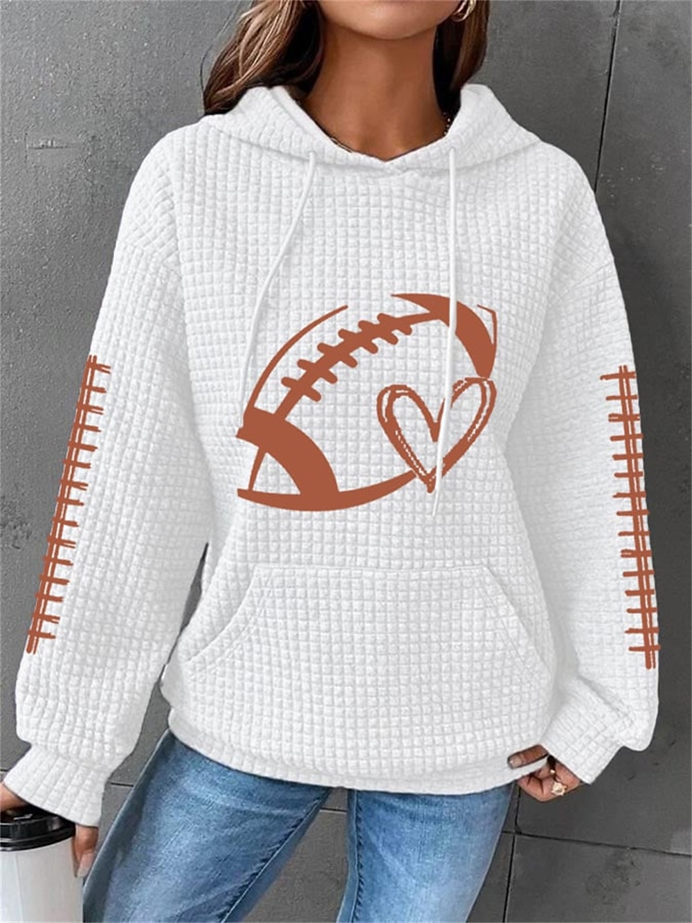 Sudadera de gran tamaño para mujer, con textura de fútbol, informal, deportiva, con cordón, bolsillo frontal, cuello redondo, manga larga, top microelástico para otoño&Tejido suave, transpirable 2025 - $25.99 –P4