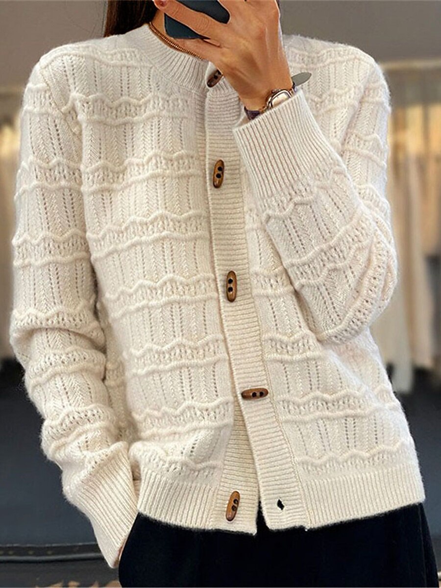 Women's Cardigan Sweater Crew Neck Ribbed Knit Rayon Button Fall Winter Short Daily Going out Weekend Stylish Casual Soft Long Sleeve Solid Color Camel Green Beige One-Size 2023 - US $25.99 –P3