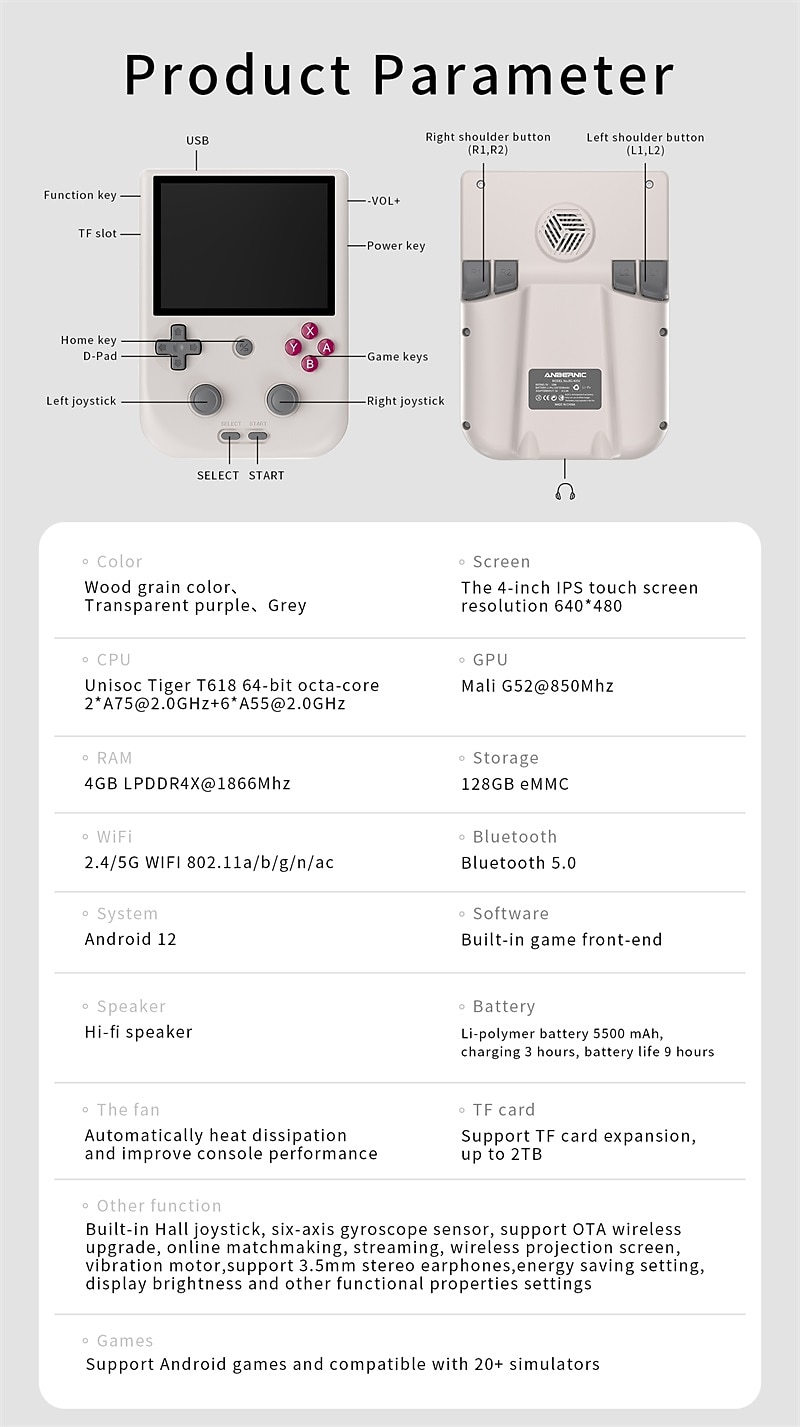 RG405V Video Handheld Game Console 4” IPS Touch Screen Android 12 T618  5500mAh Battery Portable Retro Player 5G WiFi Bluetooth Automatically Heat