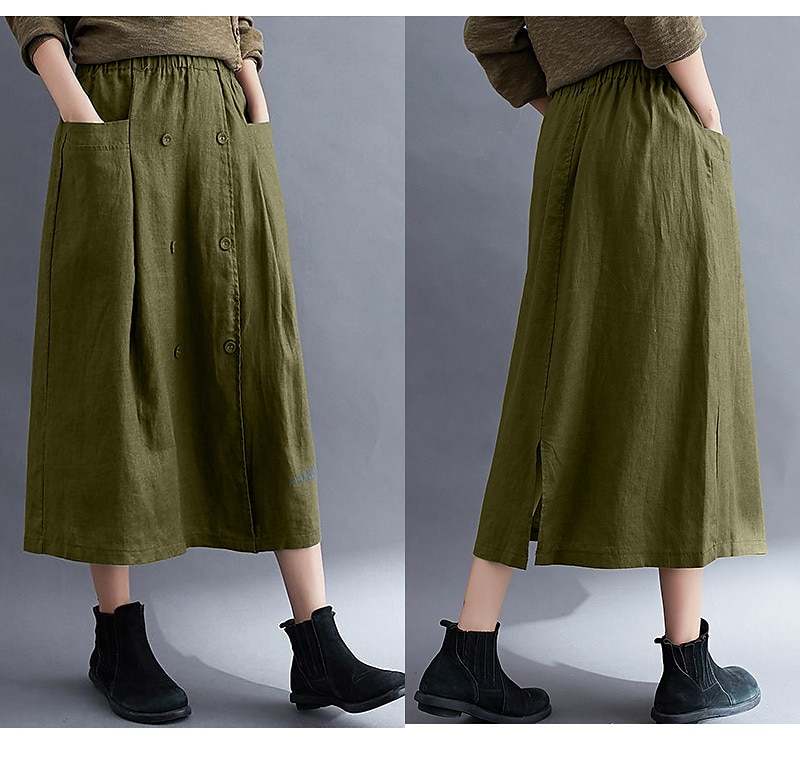Women's Skirt A Line Long Skirt Linen Skirts coastal grandma style Basic Casual Long Midi Skirts Solid Colored Pocket Split Ends Street Daily Black Brown Green Apricot Spring & Summer Cotton Linen 2025 - $21.99 –P11