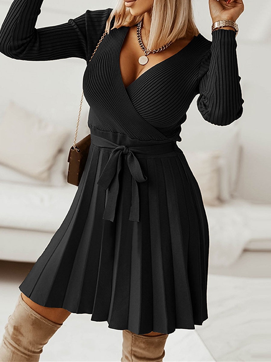 Robe Pull Robe en maille Femme Mini robe Extérieur du quotidien Sortie manche longue Surplis nouer devant Tricot Mode Plein Ample 2023 Noir Vert Kaki S M L XL XXL de 2025 ? $71.99 –P17