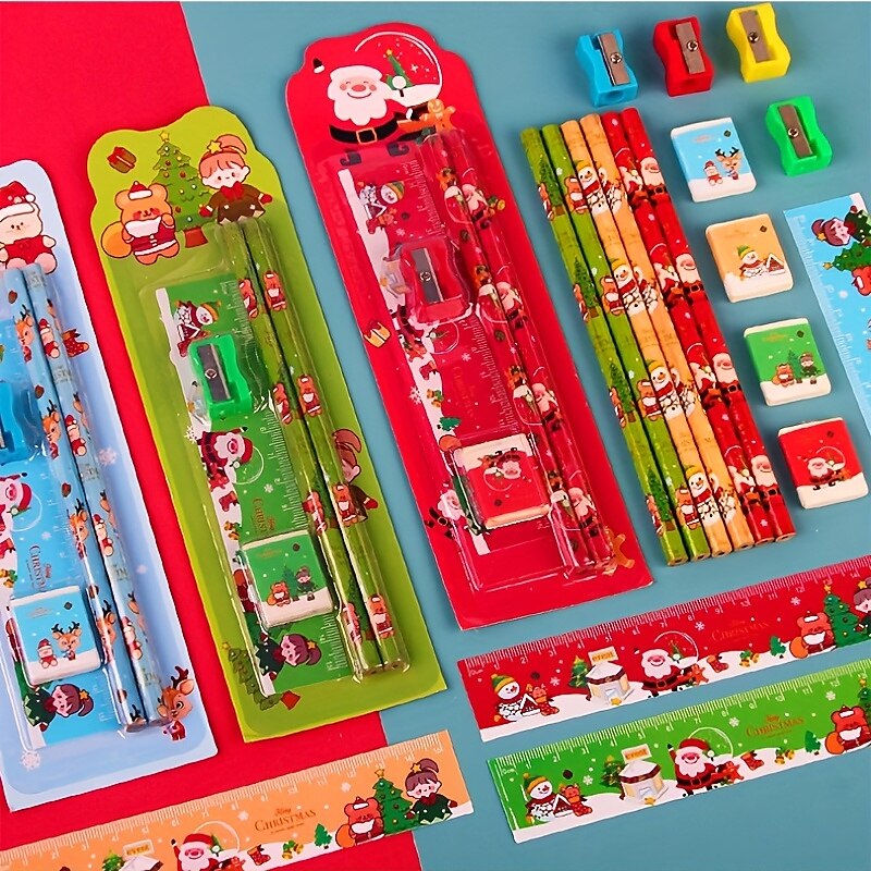 1 ensemble de combinaison de crayons de noël avec 2 crayons, 1 gomme, 1 règle, 1 taille-crayon, fournitures scolaires, cadeau de noël, outils de dessin de croquis de 2025 ? $16.99 –P2