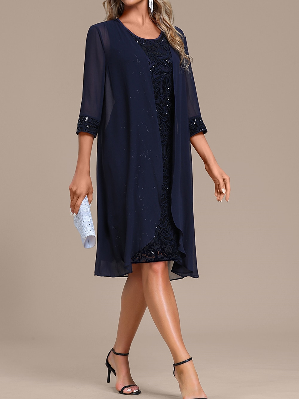 Women‘s Sequin Dress Party Dress Sparkly Dress Two Piece Dress Set Lace Dress Daily Vacation Fashion Mature Mesh Sequin Midi Dress Crew Neck Long Sleeve Plain Regular Fit Navy Blue Spring Fall 2023 - US $35.99 –P2