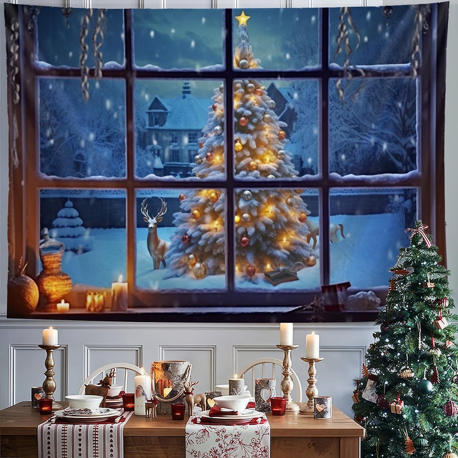 Christmas Decorations Hanging Tapestry Christmas Tree Winter Snow Wall Art Xmas Large Tapestry Mural Decor Photograph Backdrop Blanket Curtain Home Bedroom Living Room Decoration Window View 2025 - $14.49 –P2