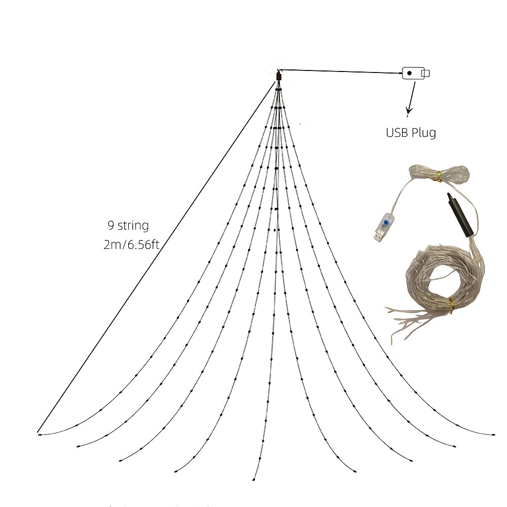 luces de hadas del árbol de la cascada 180 leds luz de la cascada del árbol de navidad 9 gotas 78,74 pulgadas luz de guirnalda al aire libre enchufe usb 8 modos cortina de ventana luz de carámbano 2025 - $22.99 –P3