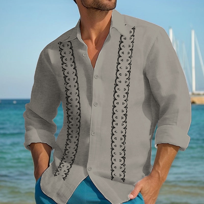 Voor heren linnen overhemd Guayabera-shirt Zomer overhemd Normaal shirt Strand hemd Gestreept Vakantie Hawaii Wit blauw Khaki Grijs Lange mouw Revers Lente zomer Kleding Afdrukken 2026 - $25.99 –P8