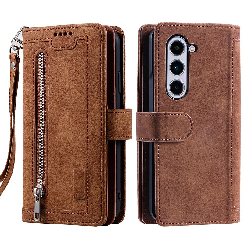 Funda para teléfono para Samsung Galaxy Z Fold 5 Z Fold 4 Z Fold 3 Funda de billetera con cremallera protección completa con correa para muñeca color liso de cuero PU 2025 - $21.99 –P12