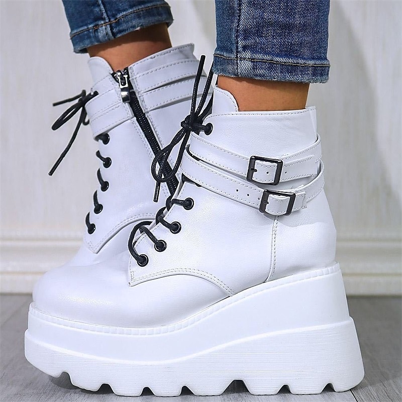 Mulheres Botas Botas com salto Coturnos Tamanhos Grandes Festa Ao ar livre Diário Côr Sólida Botas Botas Tornozelo Inverno Plataforma Salto Robusto Ponta Redonda Punk Moda Góticas Couro Ecológico Com de 2025 por $54.99 -P2