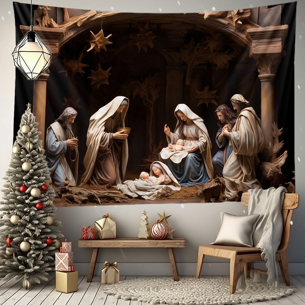 juledekorasjoner nativity dåp hengende billedvev veggkunst jul stor billedvev veggmaleri dekor fotografi bakteppe teppe gardin hjem soverom stue dekorasjon 2025 - $14.99 -P4
