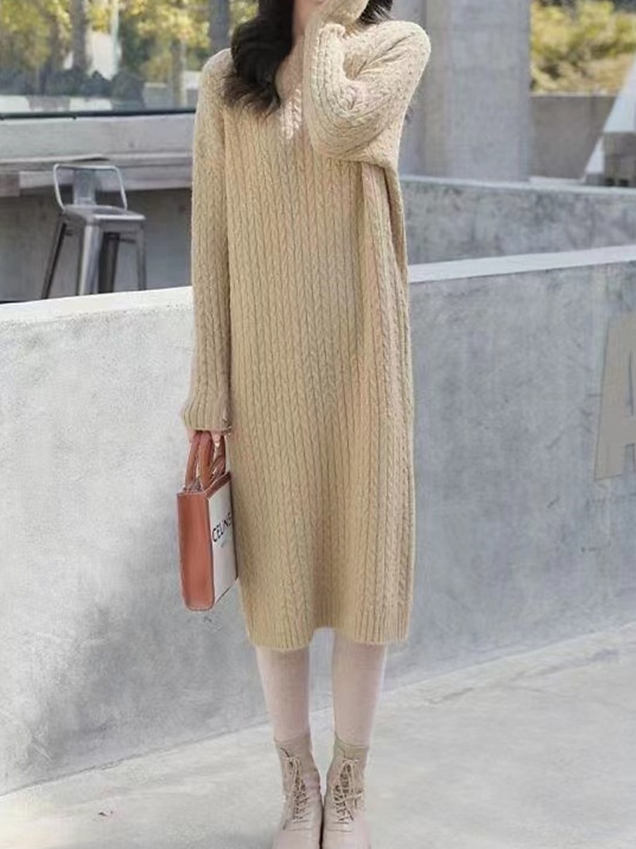 Women's Sweater Dress Jumper Dress Casual Dress Midi Dress Fashion Pure Color Outdoor Daily Vacation Going out V Neck Long Sleeve Patchwork 2023 Regular Fit Black khaki Beige One Size 2023 - US $31.99 –P5