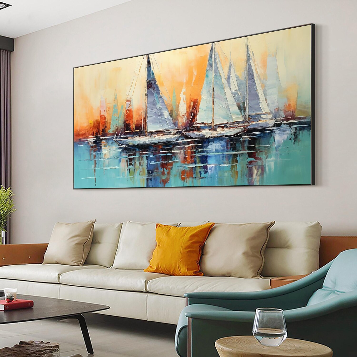 peinture à l'huile faite à la main toile mur art décor original voilier coloré en entier pour la décoration intérieure avec cadre étiré sans peinture de cadre intérieur de 2025 ? $158.99 –P6