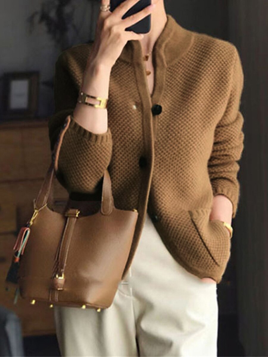 Women's Cardigan Sweater Stand Collar Waffle Knit Polyester Button Pocket Fall Winter Outdoor Daily Going out Stylish Casual Soft Long Sleeve Solid Color Orange Beige Gray S M L 2023 - US $28.99 –P1