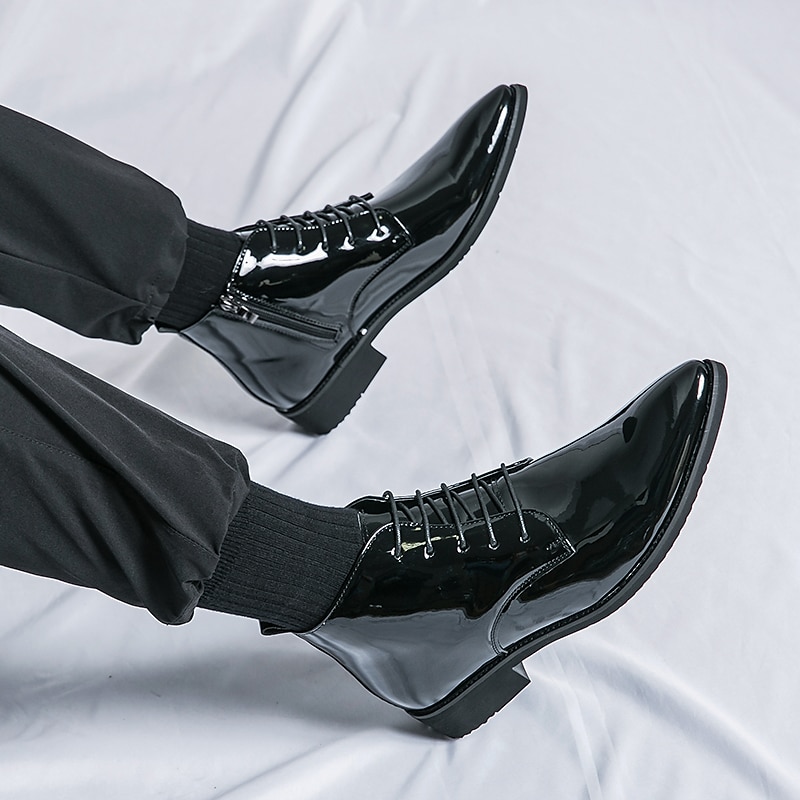 Botas de vestir de charol negro para hombre: elegantes botas con cordones, para uso formal e informal, perfectas para eventos y trabajo. 2025 - $59.99 –P7
