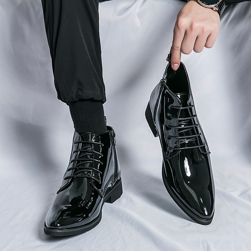 Botas de vestir de charol negro para hombre: elegantes botas con cordones, para uso formal e informal, perfectas para eventos y trabajo. 2025 - $59.99 –P4