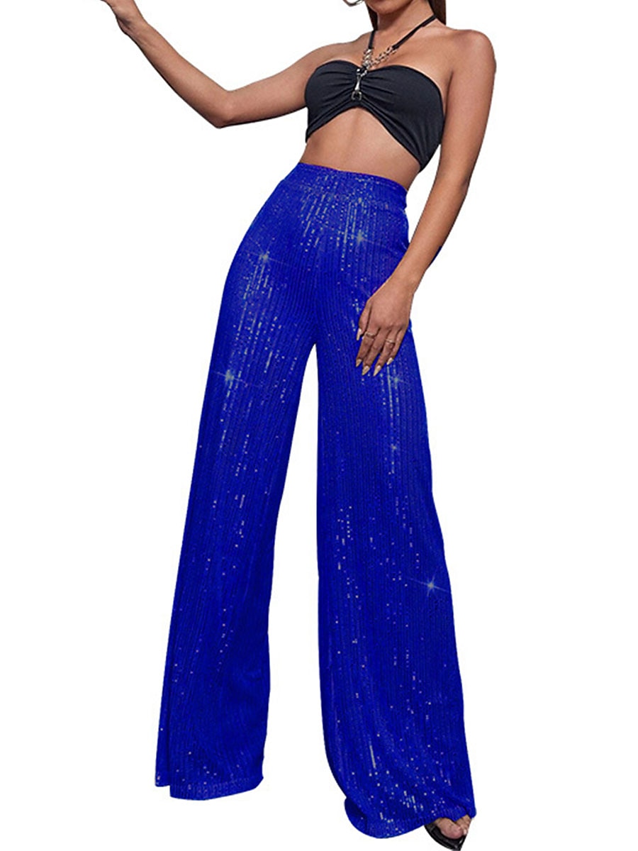Women's Wide Leg Pants Trousers Sparkly Pants Elegant Fashion Sparkle Full Length High Waist Plain Sequins Comfy Micro-elastic Club Party Street Blue claret M beige Pink gold Summer Spring Regular Fit 2026 - $17.99 –P7