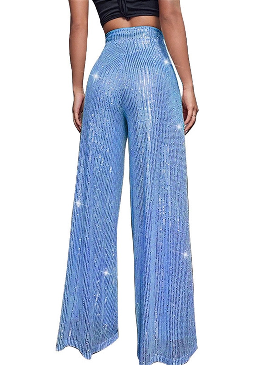 Women's Wide Leg Pants Trousers Sparkly Pants Elegant Fashion Sparkle Full Length High Waist Plain Sequins Comfy Micro-elastic Club Party Street Blue claret M beige Pink gold Summer Spring Regular Fit 2026 - $17.99 –P14