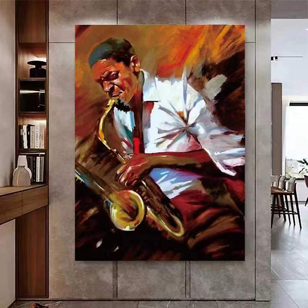 Handgefertigtes Jazz-Figurengemälde, modernes, feines Kunstwerk, die neueste Hoteldekoration, handgemaltes Musiker-Jazzspieler-Ölgemälde, Wandkunst, Studio-Dekor, Geschenk für Dekor, gerollte Leinwand 2025 - $77.99 –P6