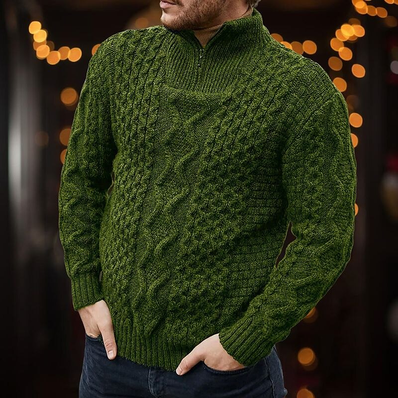 Homens Pulôver irlandês Pulôveres Aran camisolas de natal Pulôver suéter Suéter com zíper de um quarto Estriado Cabo Tricotar Padrão Half Zip Tricotado Tecido Colarinho Chinês Contemporâneo Moderno de 2025 por $44.99 –P3