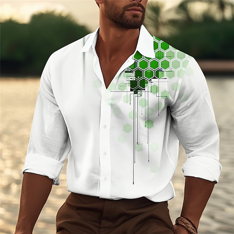 Per uomo Geometria Camicia Camicia occidentale Camicia con bottoni Manica lunga Informale Esterno Strada Casual / quotidiano Autunno inverno Collo ripiegabile Bottoni Stampa Blu Verde del 2025 a $24.99 –P2