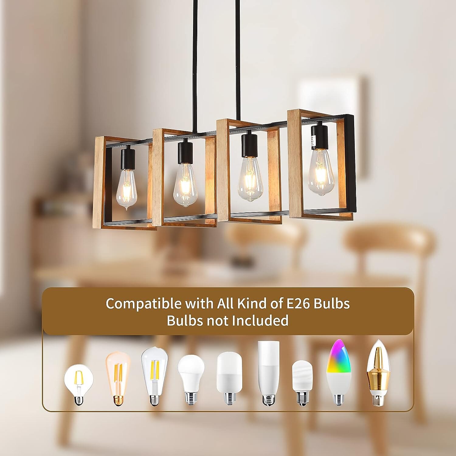 Kitchen Island Lighting, 4 - Light Dining Room Farmhouse Pendant Light, Black Modern Pendant Light, Pool Table Lamp, Wood and Matte Black Metal Finish (4 Heads, Wood) 110-240V 2025 - $249.39 –P8
