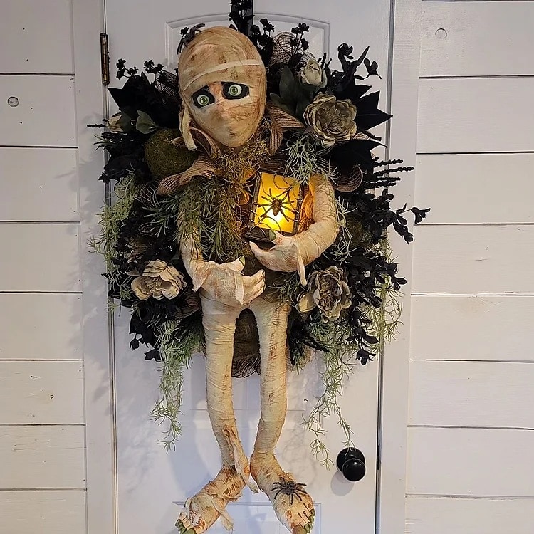 Halloween aterrador momia corona de bienvenida signo momia halloween puerta redonda placa colgante para halloween acción de gracias navidad decoración del hogar corona de bienvenida de halloween 2025 - $51.99 –P4