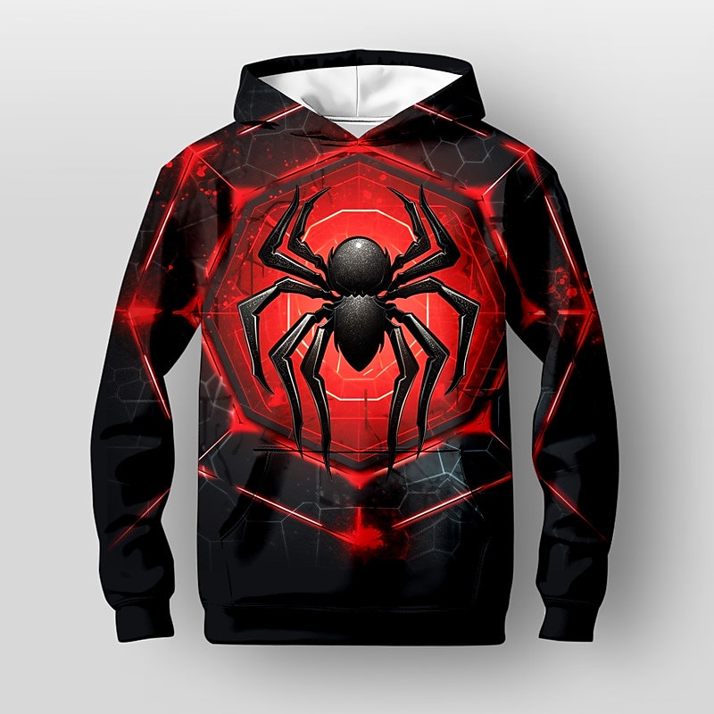 2025年 ハロウィーン 男の子 3D SPIDER パーカー Pullover 長袖 3Dプリント 秋 冬 ファッション ストリートファッション クール 子供 3〜12年 アウトドア カジュアル 日常 レギュラー  コレクション – $18.99 -P4