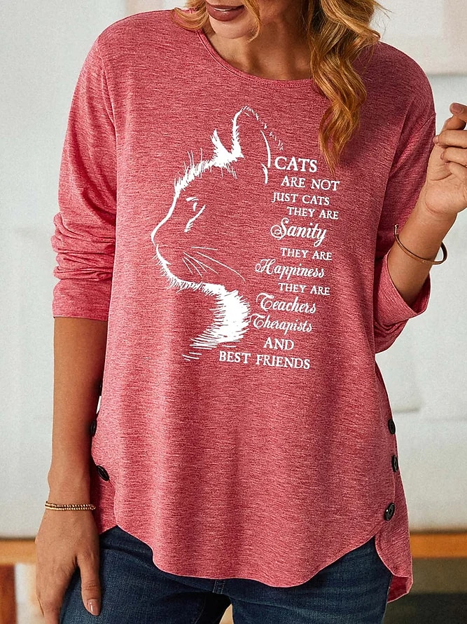 Damen T-Shirt modischer Katzen-Buchstabendruck, langärmelig, normale Oberteile, Rundhalsausschnitt, Alltag, Wochenende, Schwarz, Rosa, Lila, Grau, Frühling&amp;  fallen 2026 - $26.99 –P3
