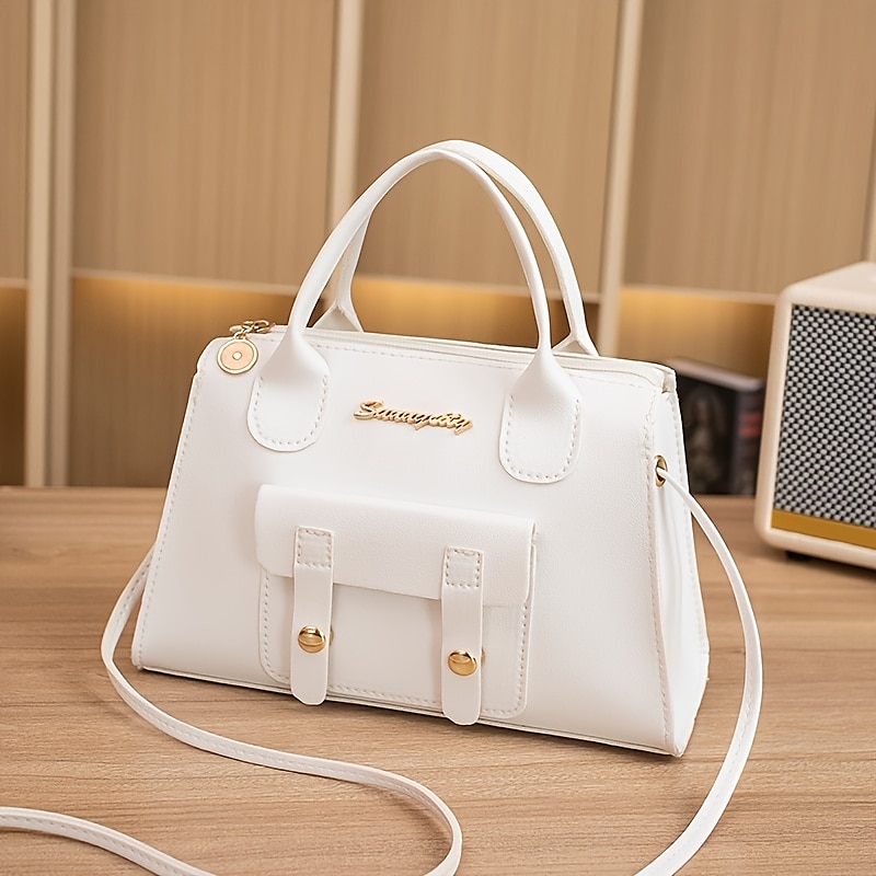 Weiße Damenhandtasche aus Kunstleder mit Tragegriff oben und Schnallendetail vorne – elegante, strukturierte Umhängetasche für Büro, Reisen und den täglichen Gebrauch 2025 - $14.99 –P8
