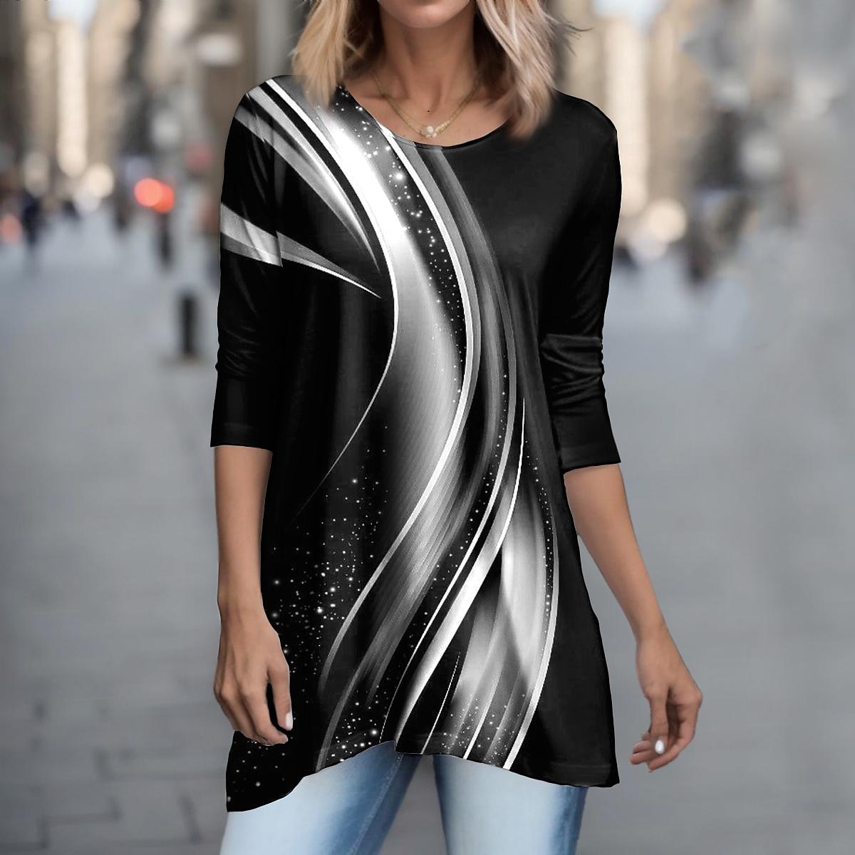T-shirt Tunique Femme Géométrique Basic Manches Longues Col Rond Longs Hauts Quotidien Week-end Imprimé Tunique Fluide Rose Bleu Violet Vert Gris Printemps  Automne de 2025 ? $29.99 –P2