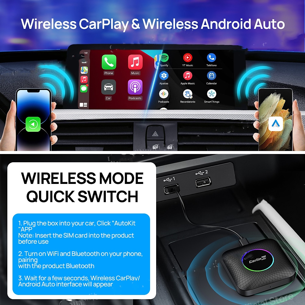  CarlinKit CarPlay Ai Box Android 13.0 with LED Light for Car  with Wired CarPlay and Touchscreen,Bulit-in 4G Net,8-Core  8+128G,GPS,,Netflix,Google Play,Wired to Wireless CarPlay and Android  Auto : Electronics