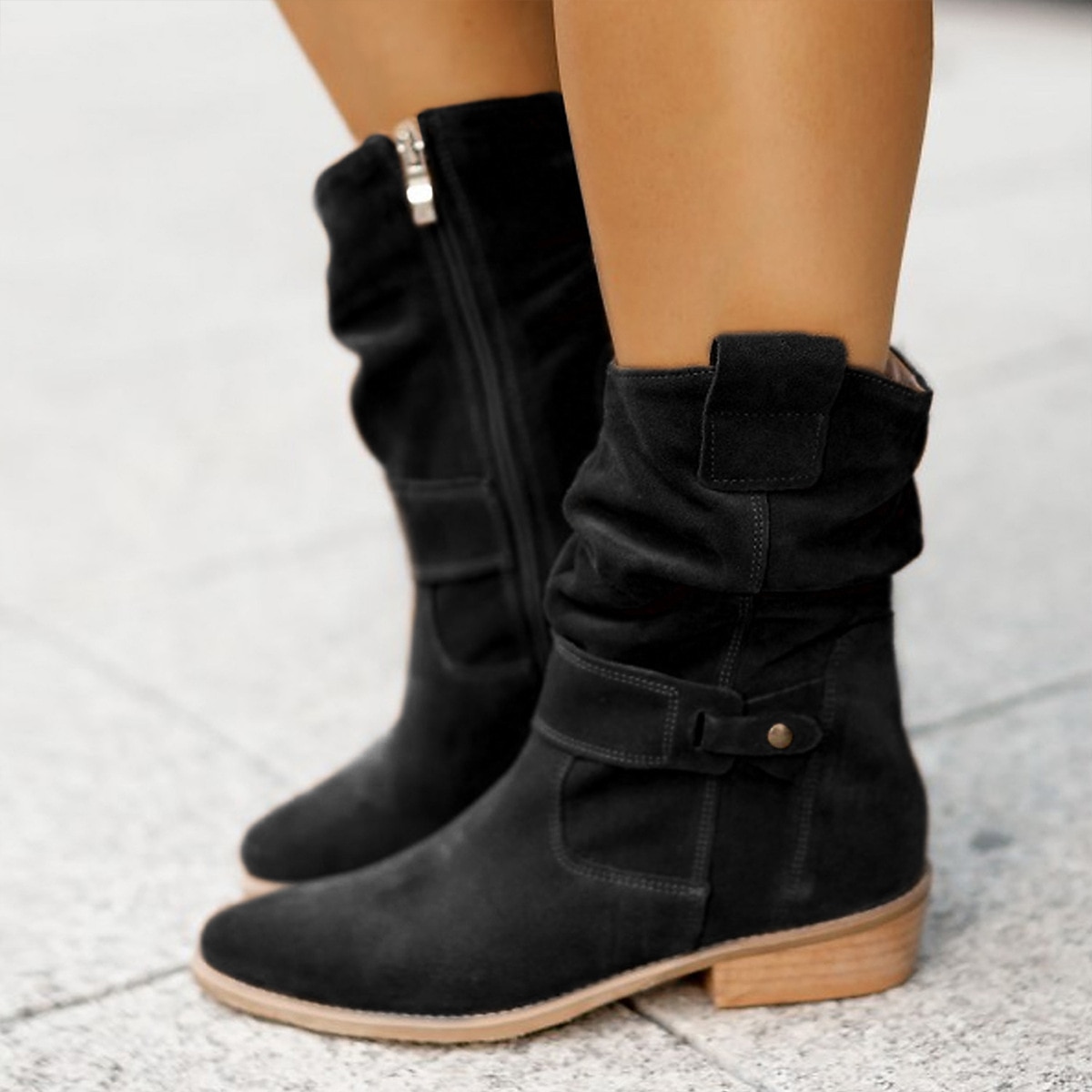 Women's Casual Beige Faux Suede Slouchy Ankle Boots with Buckle Detail - Perfect for Everyday Wear, Autumn Outings, and Casual Gatherings 2025 - $54.99 –P5