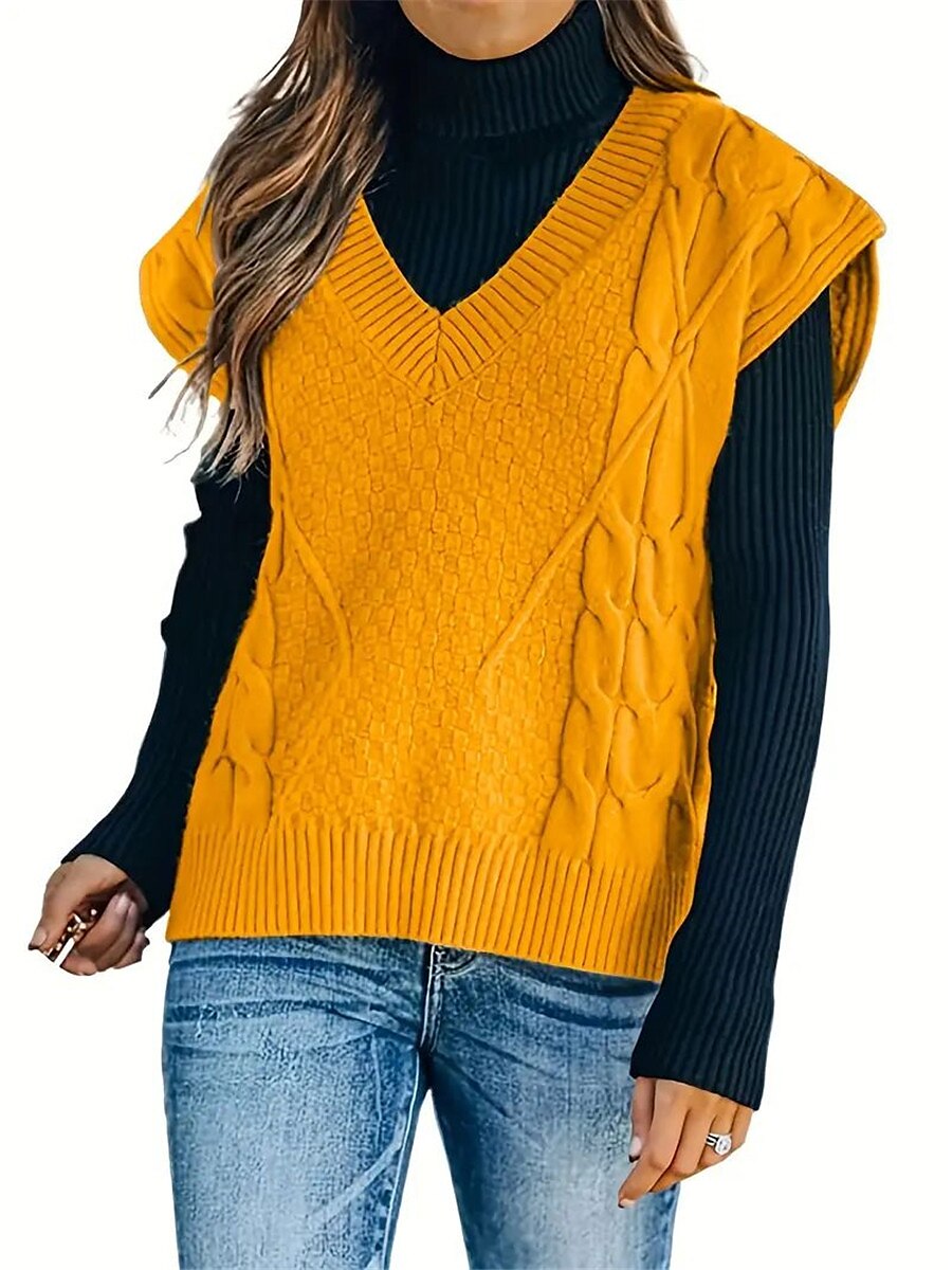 Women's Sweater Vest V Neck Cable Knit Acrylic Oversized Fall Winter Regular Daily Going out Weekend Stylish Casual Soft Sleeveless Solid Color Black Yellow Beige S M L 2023 - US $26.99 –P12